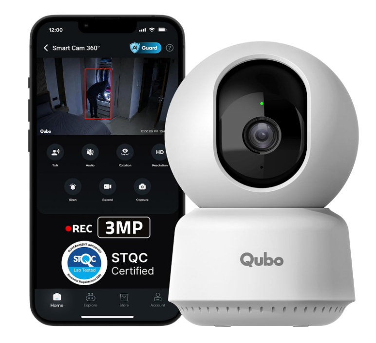 Qubo Smart Cam 360° 3MP | No SD Card Required, Records Directly on Cloud | 2026 Edition - by Hero Group | STQC Certified | AI Person Detection | Intruder Alarm | Night Vision